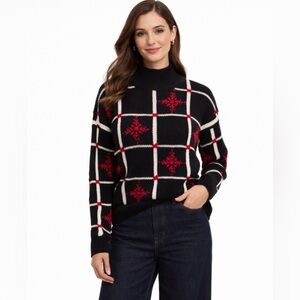 Vintage Talbots 100% Wool Embroidered Snowflakes Sweater Black & Red Sz PS 💛